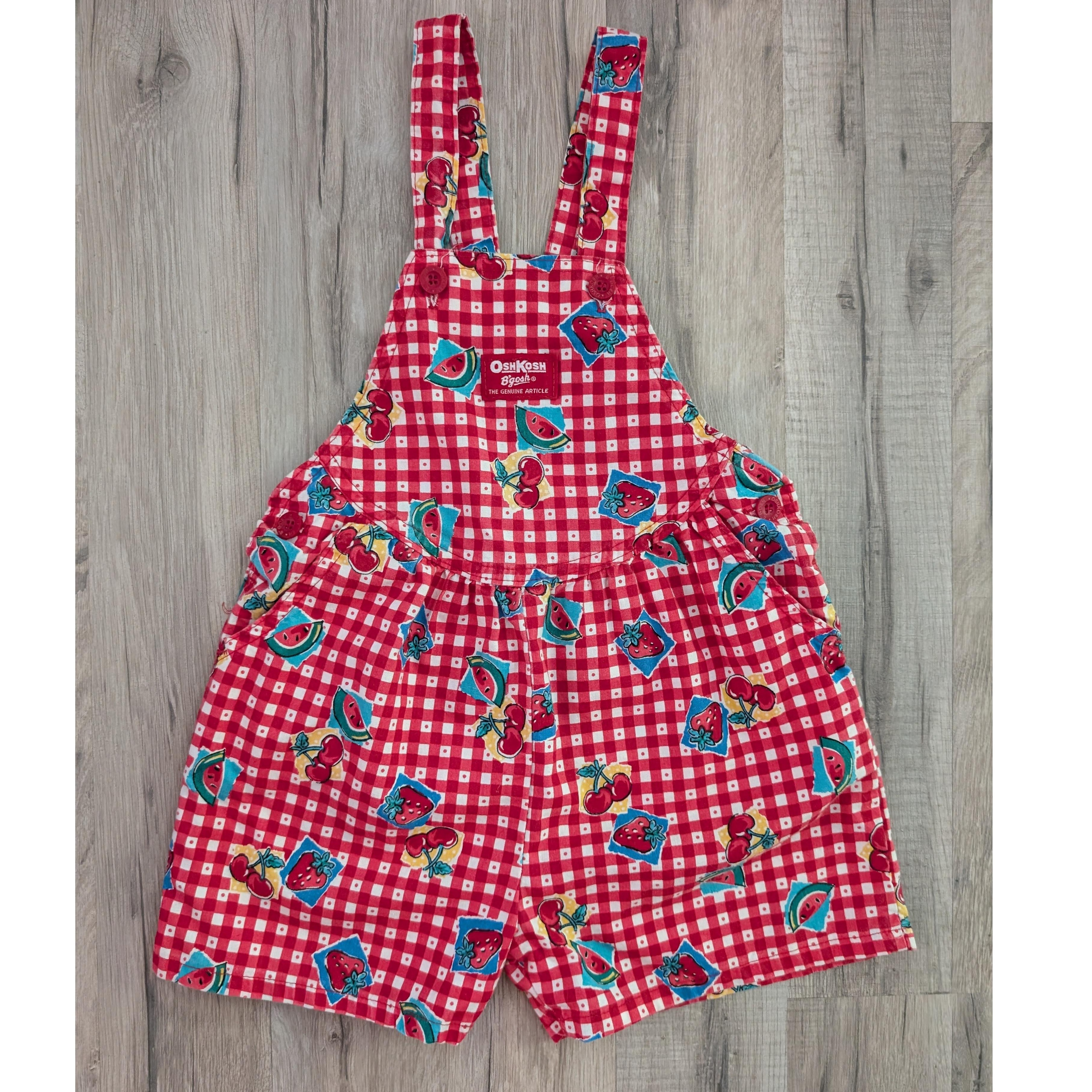 Oshkosh B'gosh Red Checkered Picnic Fruit Print Short Overalls, Size 5t (Z2)